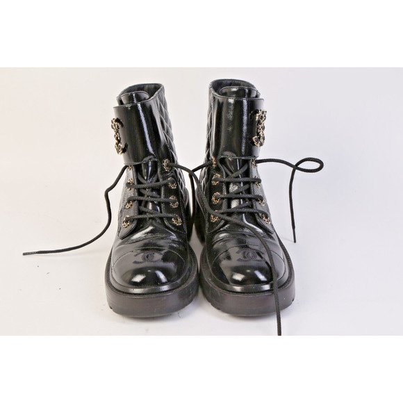 CHANEL Black Logo Quilted Patent Leather Combat Ankle Boots Booties Size 36 - Picture 13 of 14